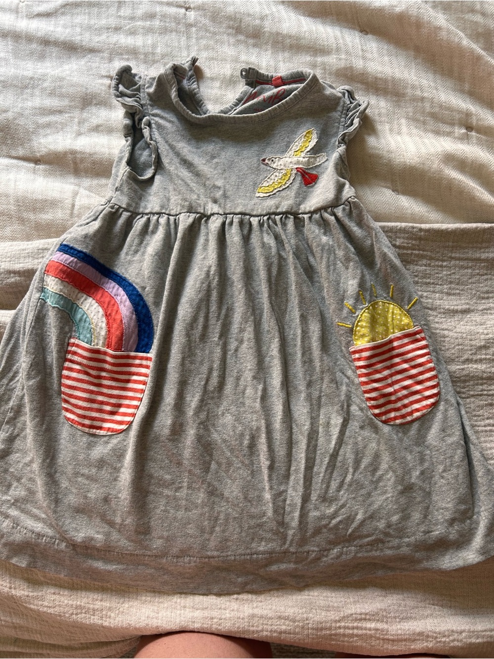 Mini Boden Grey Dress with Rainbow, Sun & Bird Appliqués